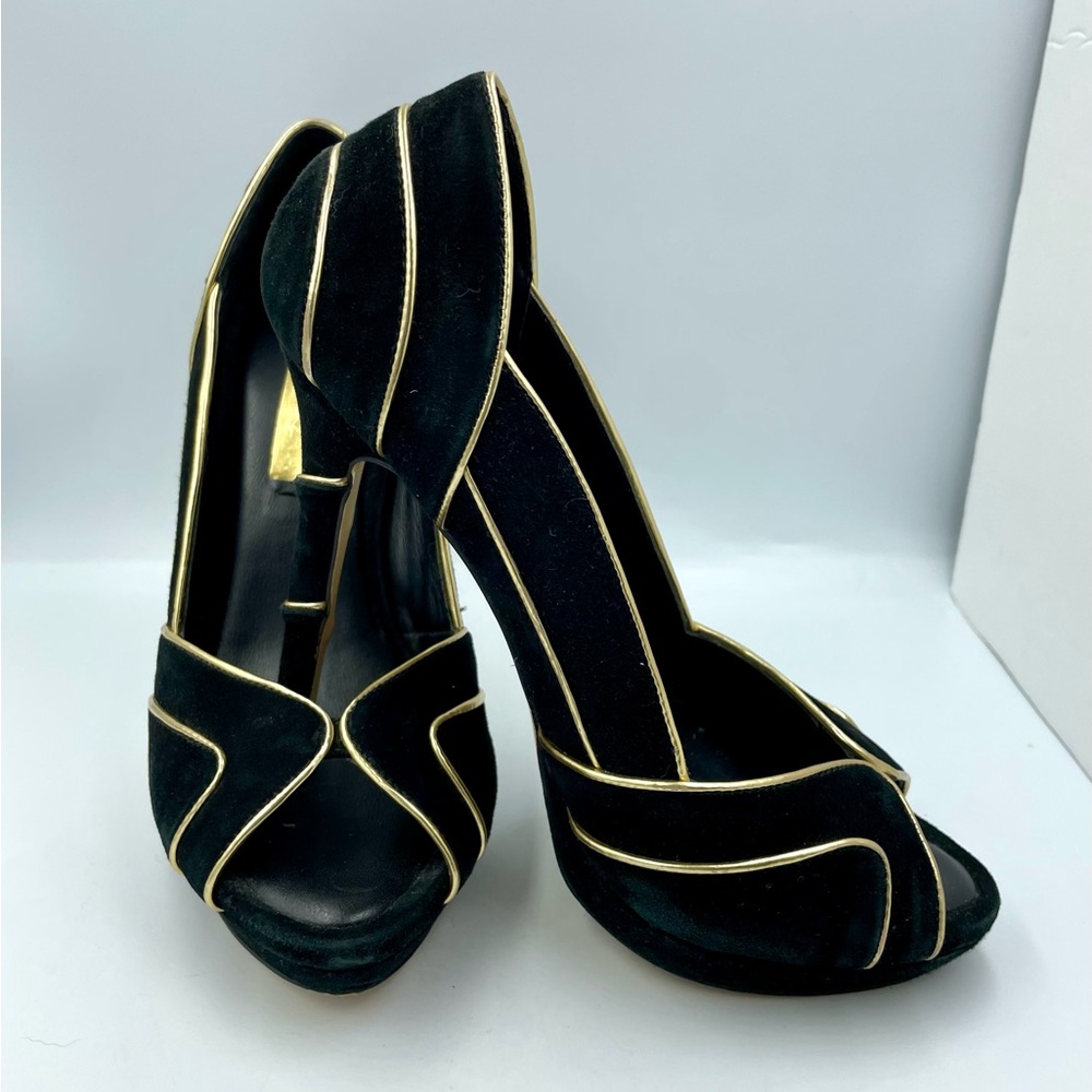 BCBG Maxazria Peep Toe Black Gold Suede Pumps Art Deco Look Size 7 Read Below